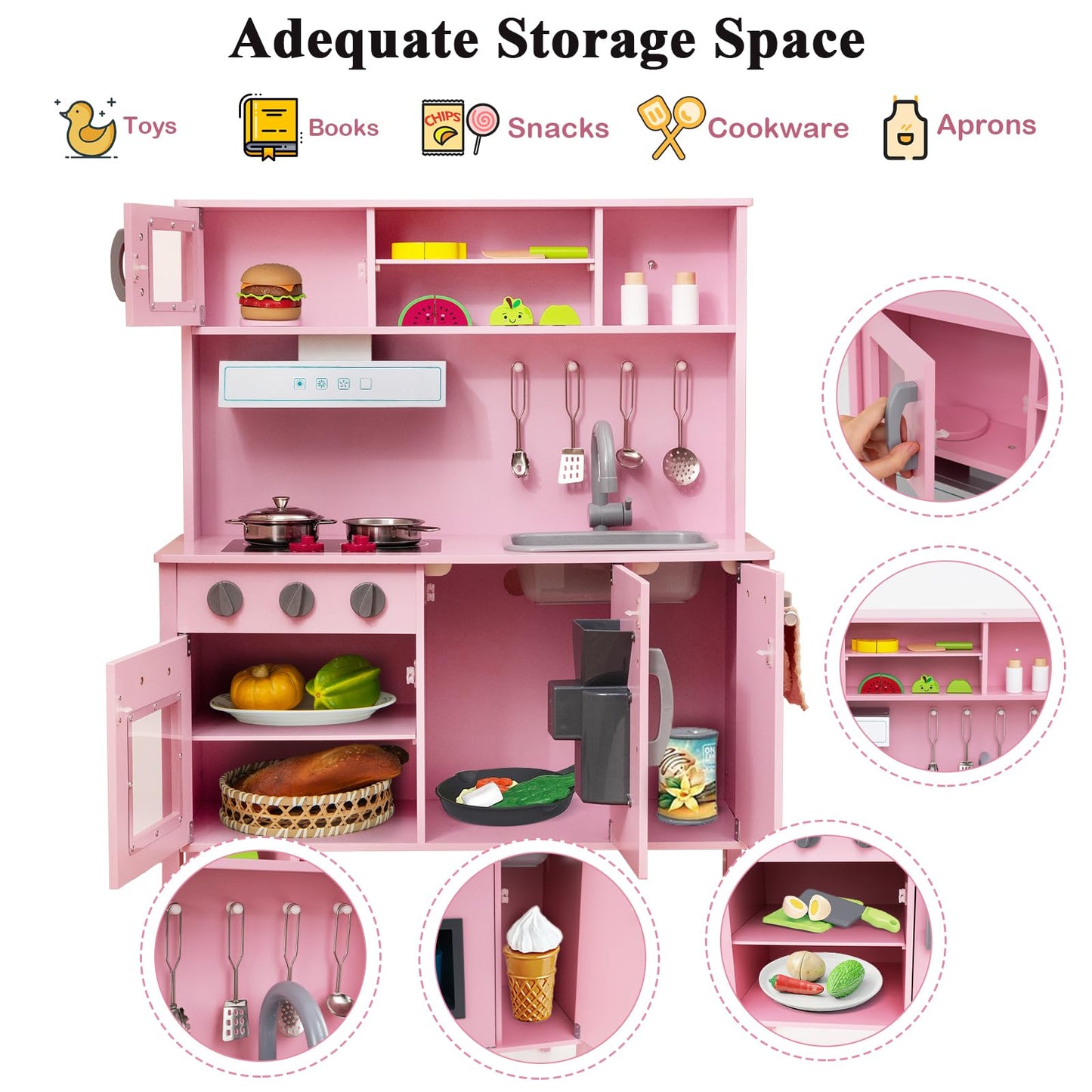 Wooden Kids Play Kitchen Set with Microwave Stoves Oven