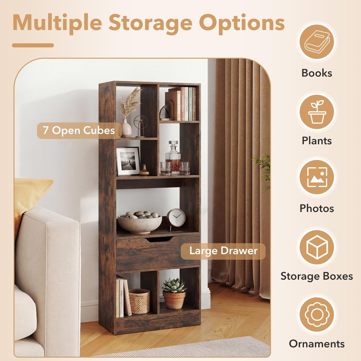 Tall Bookcase with Drawer, Floor Display Rack Storage Organizer for Living Room, Study, Home Office