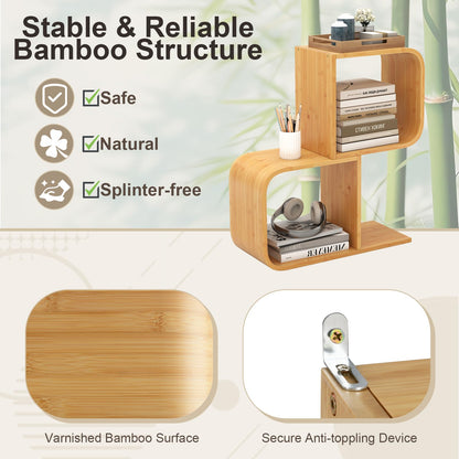 S Shaped Bookcase Bamboo Bookshelf Decorative Storage Organizer