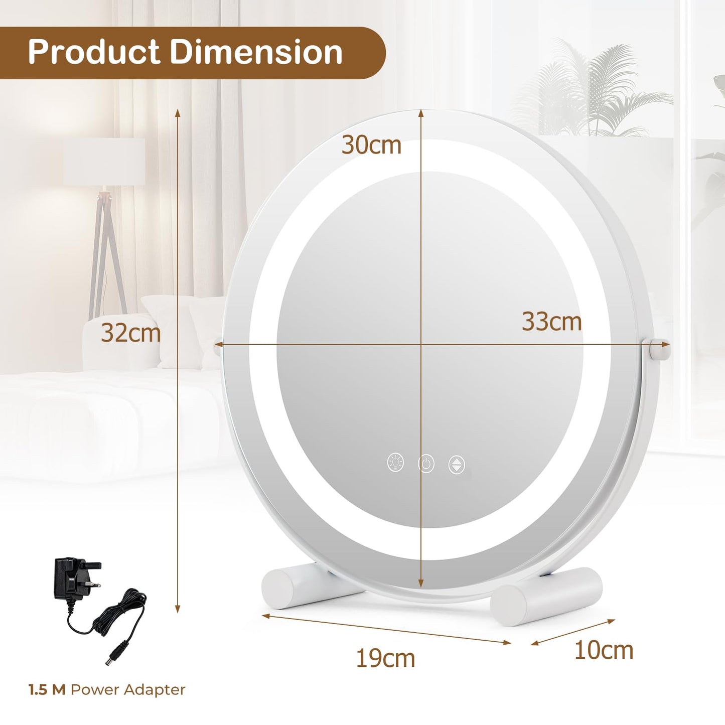 30 CM LED Light Up Round Mirror with 3 Colours and Adjustable Brightness