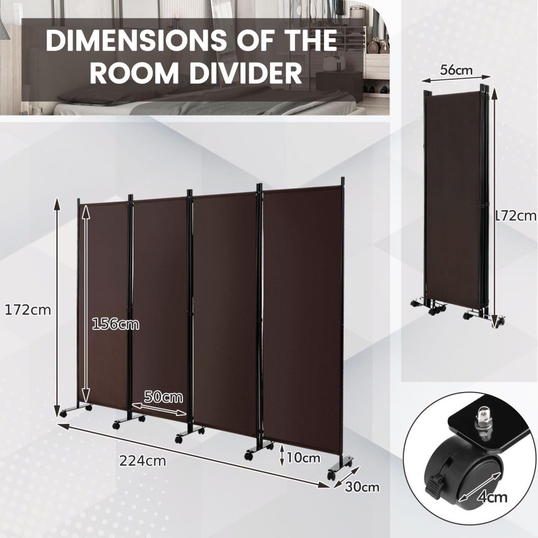 4 Panel Folding Room Divider with Wheels for Living Room Bedroom