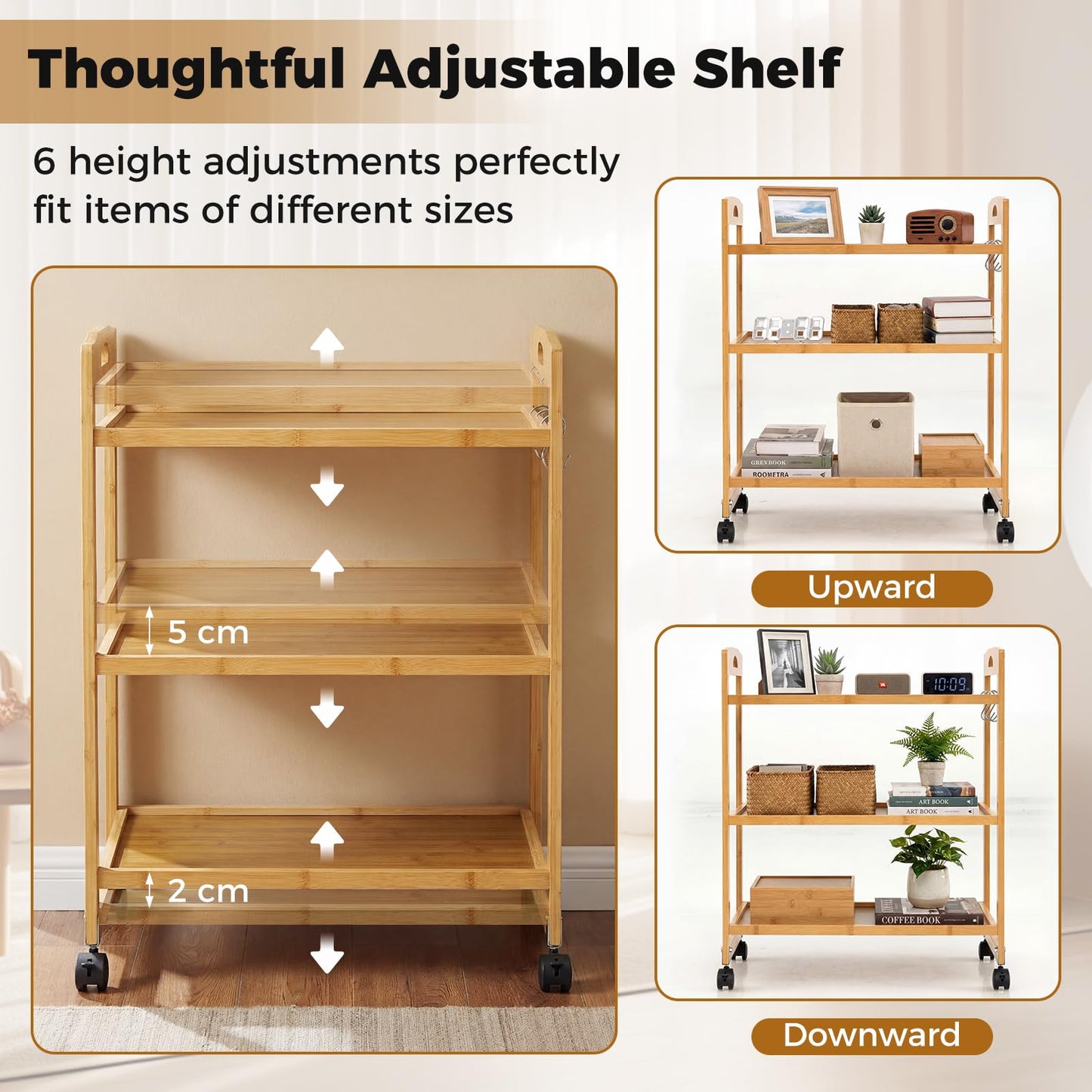 3-Tier Bamboo Rolling Cart with 2 Lockable Wheels and 3 Hooks for Kitchen