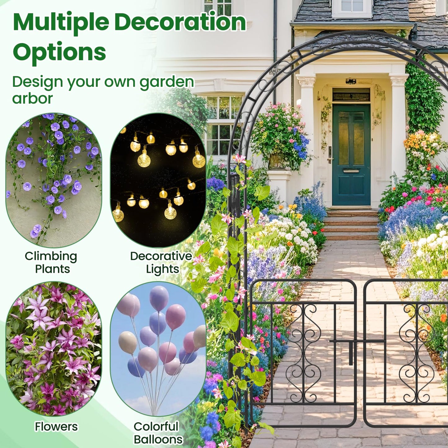 Garden Arbor with Gate and Multiple Side Crossbars for Decoration