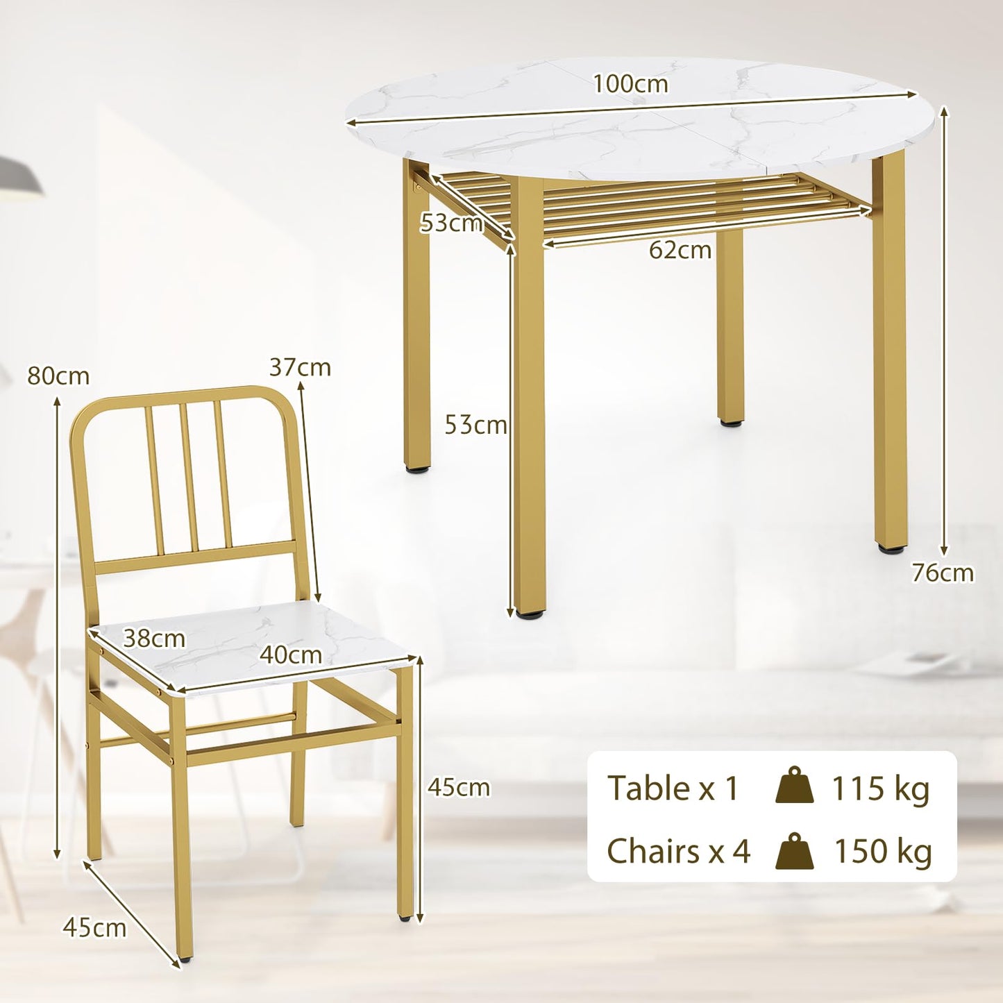 5 Piece Dining Table Set with Storage Rack and Metal Frame for Dining Room