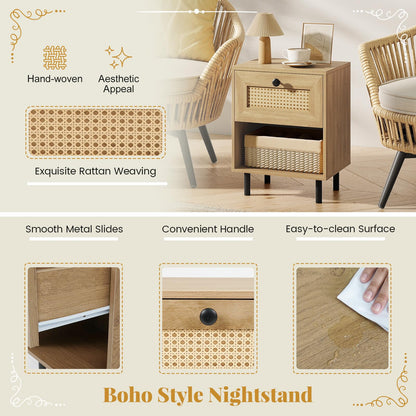 Rattan Nightstand with Drawer and Open Storage Shelf for Living Room Set of 2