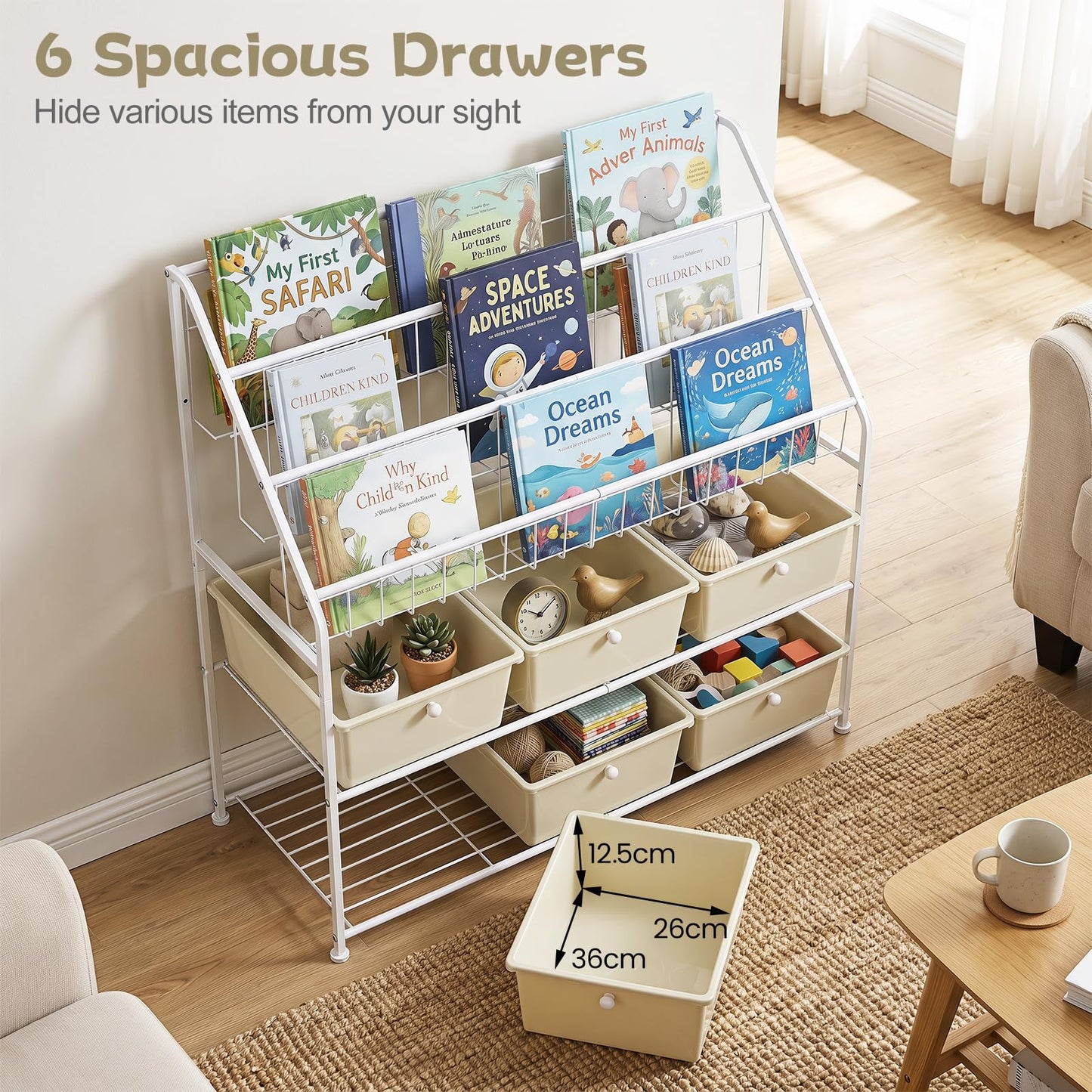 Toy Storage Organizer, Kids Bookshelf with 6 Removable Drawers