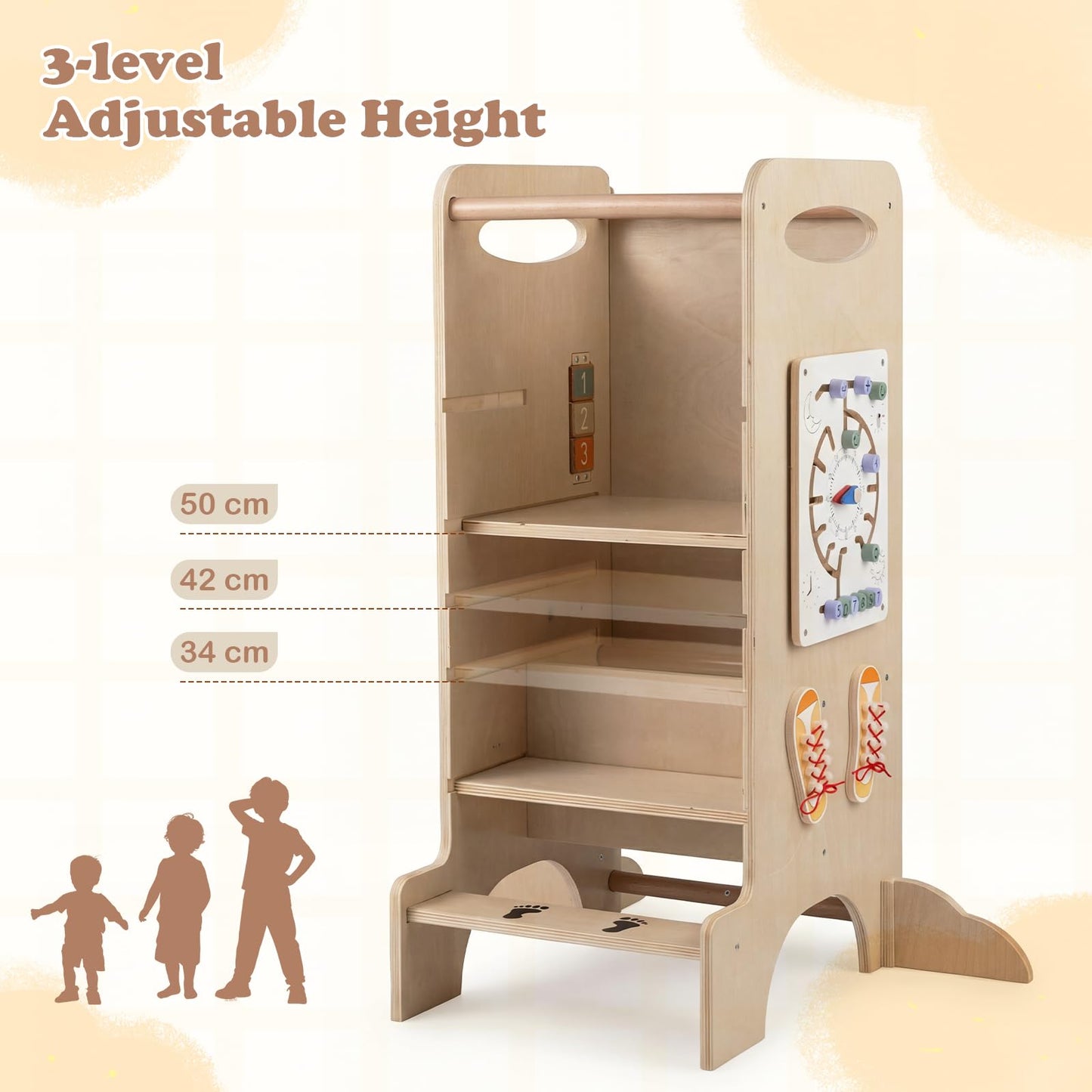 Toddler Step Stool Wooden Kids Standing Tower with Safety Rails