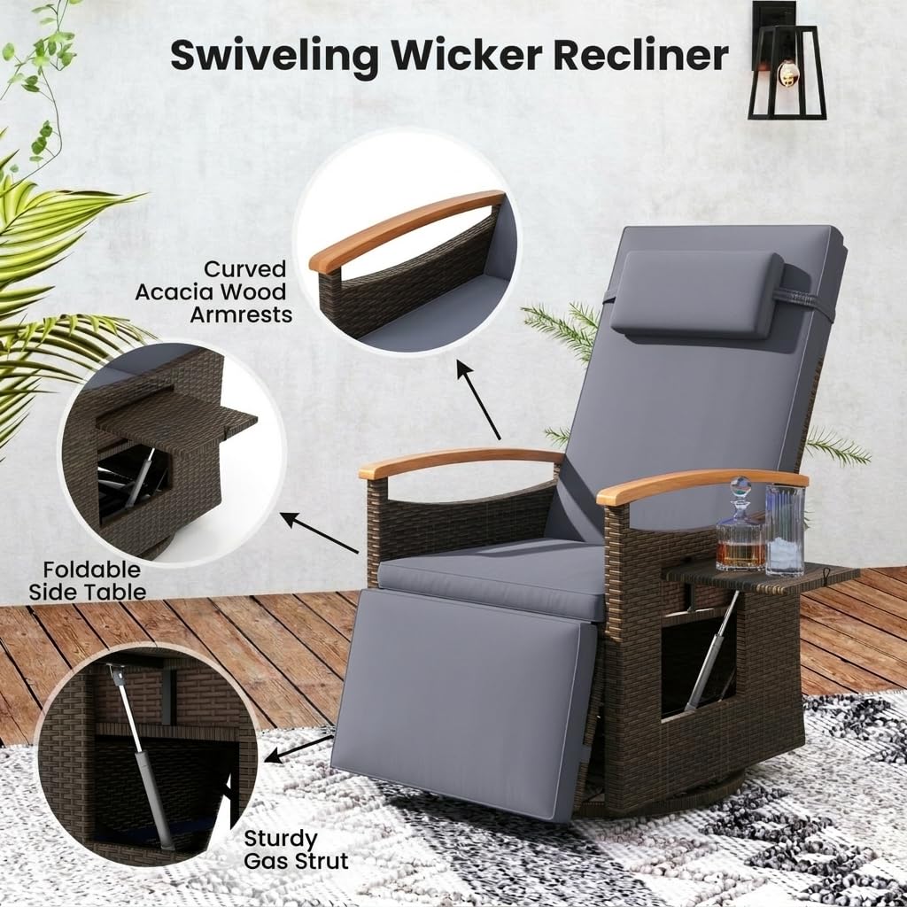 Outdoor 360° Swivel Rattan Recliner Chair with Adjustable Backrest and Footrest