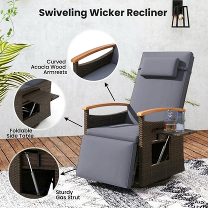 Outdoor 360° Swivel Rattan Recliner Chair with Adjustable Backrest and Footrest