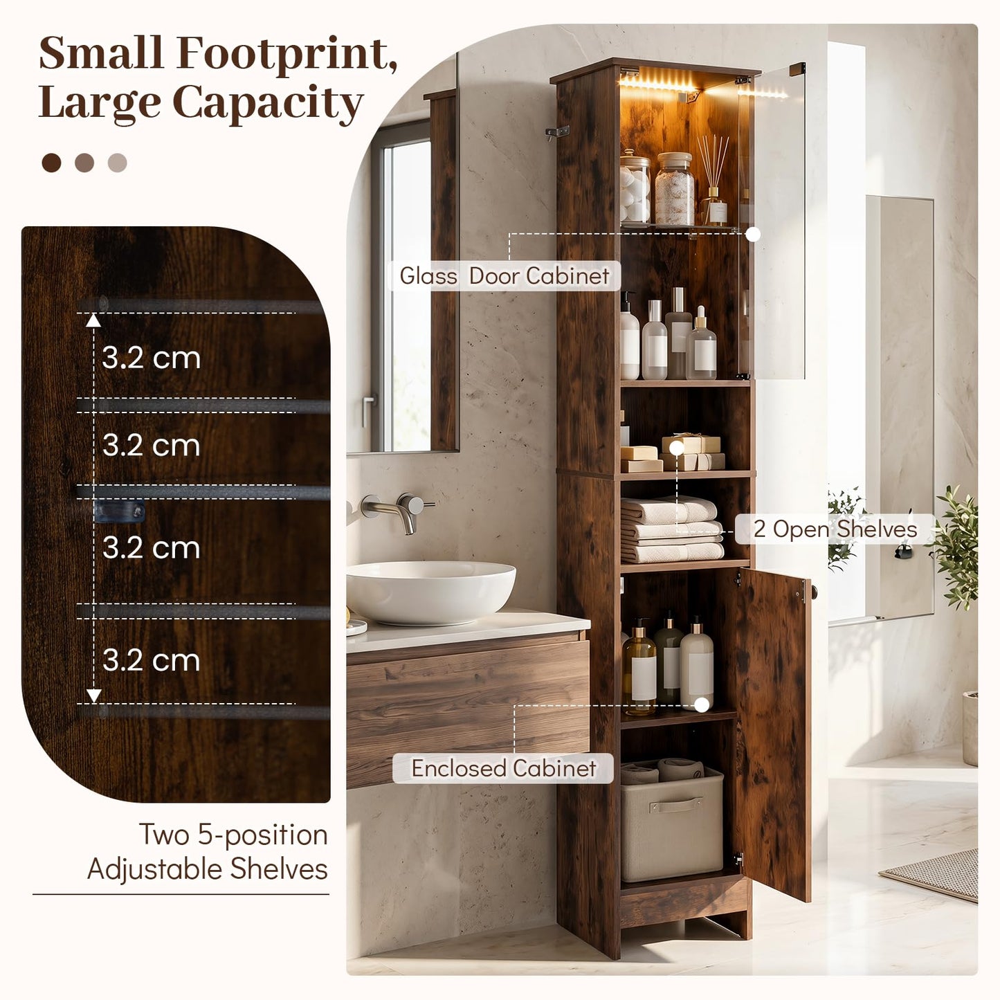 Tall Bathroom Cabinet with Lights Remote Control Open Shelves and Adjustable Shelves