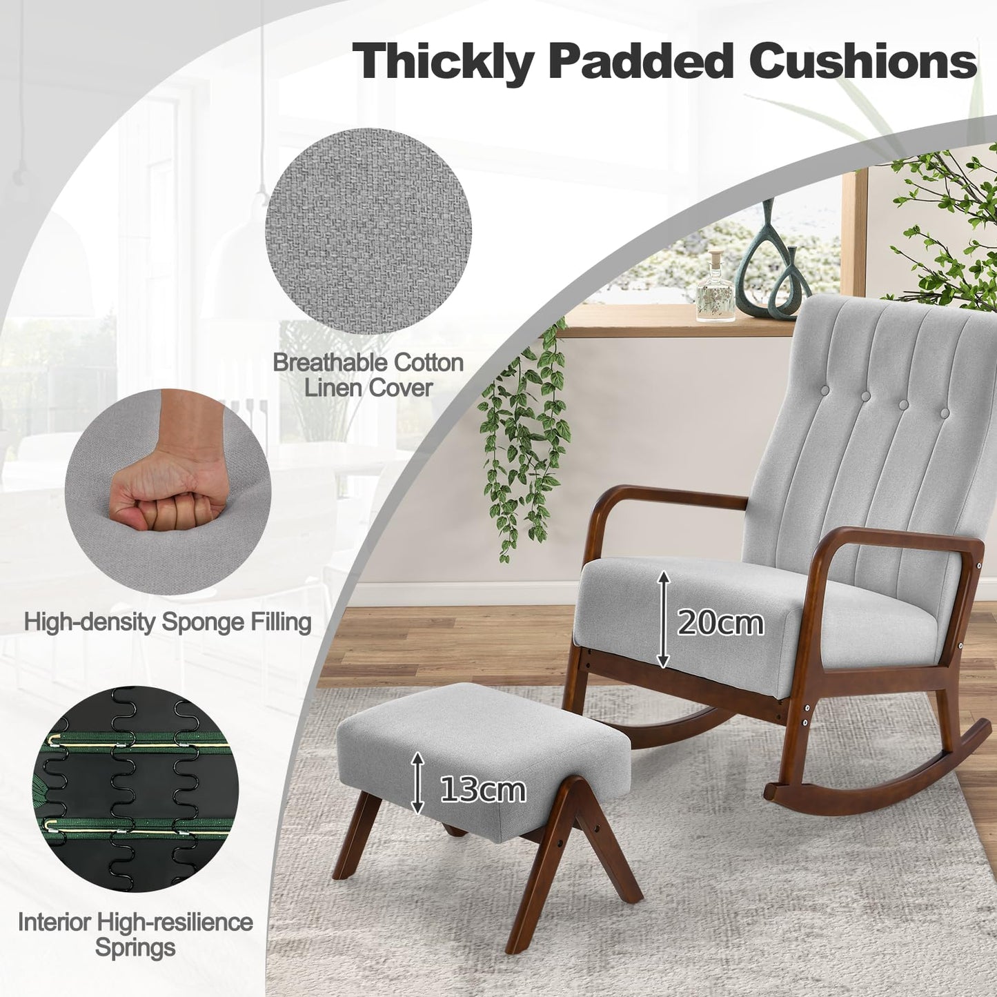 Upholstered Fabric Rocker with Solid Rubber Wood Frame and Padded Cushion