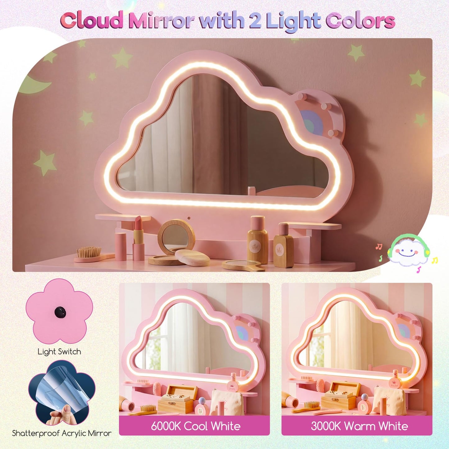Kids Vanity Table and Chair Set, Children Dressing Table