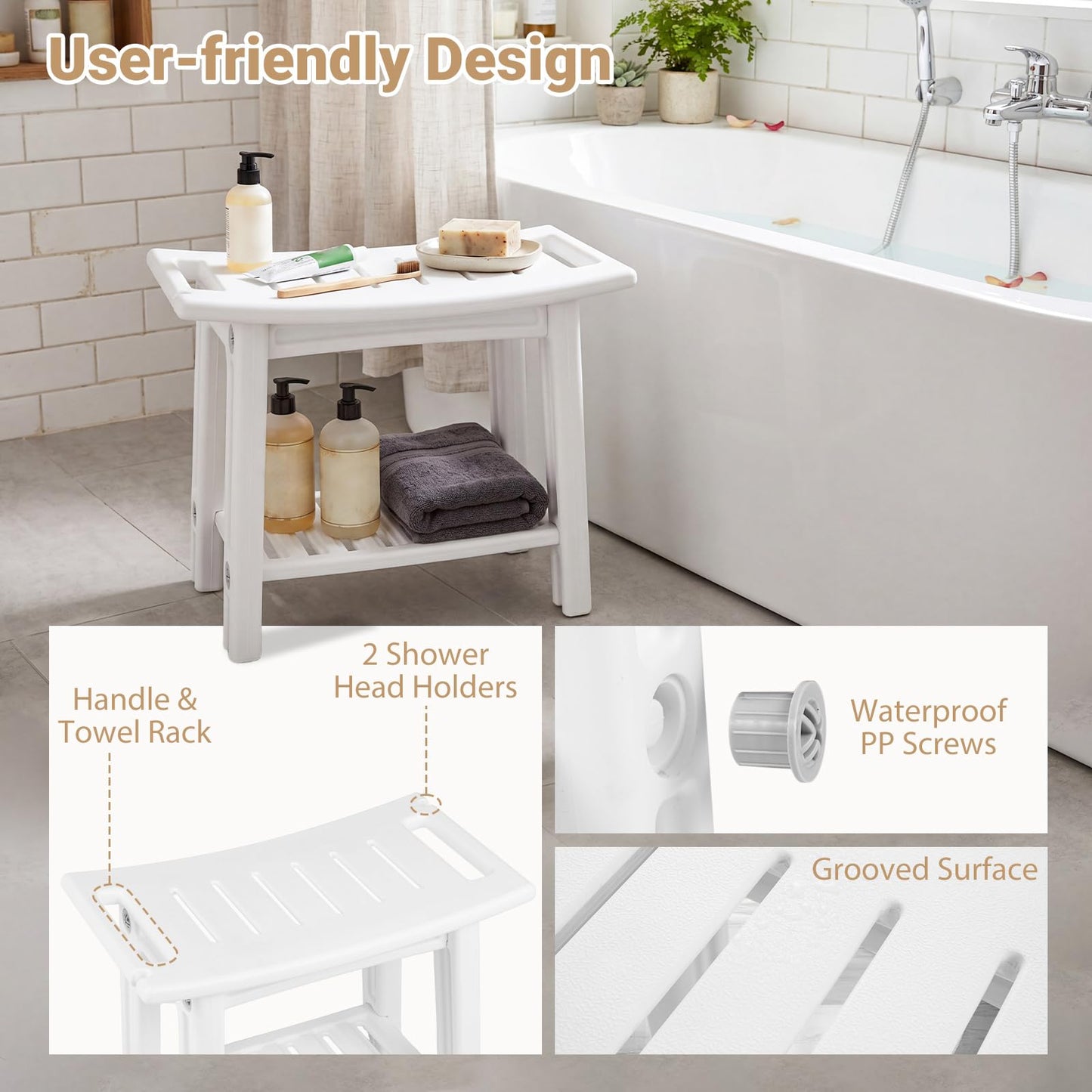 Shower Bench, HDPE Waterproof Bathroom Stool Seat for Inside Shower | Shelf, Handles, Shower Head Holders