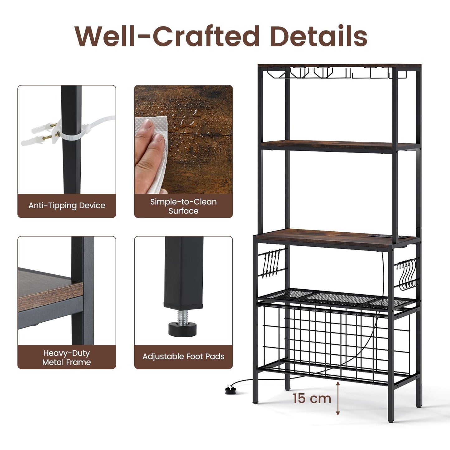 Wine Organizer with Power Outlet Multi-Tier Bakers Rack with Glass