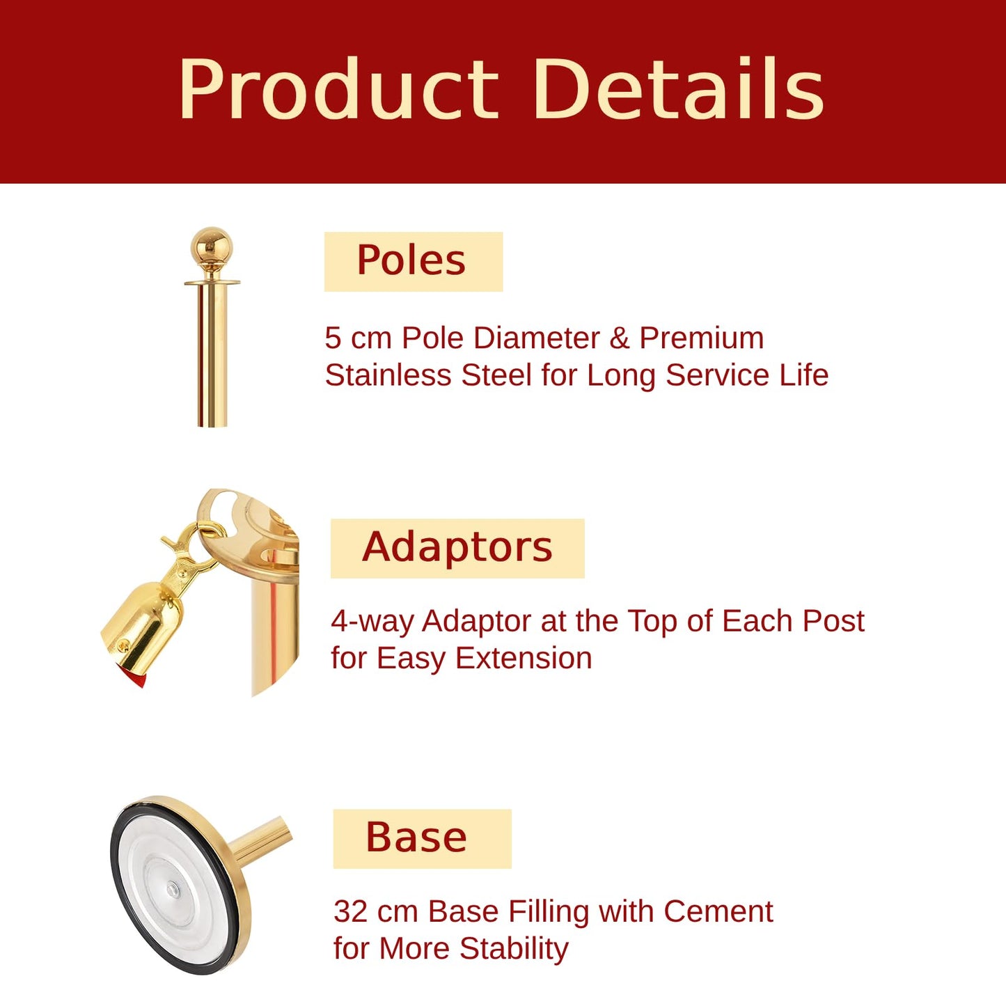 4 Pack Queue Barrier Posts, Stainless Steel Gold Round Top Security Stanchion Rope Divider