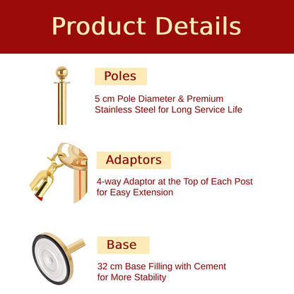4 Pack Queue Barrier Posts, Stainless Steel Gold Round Top Security Stanchion Rope Divider