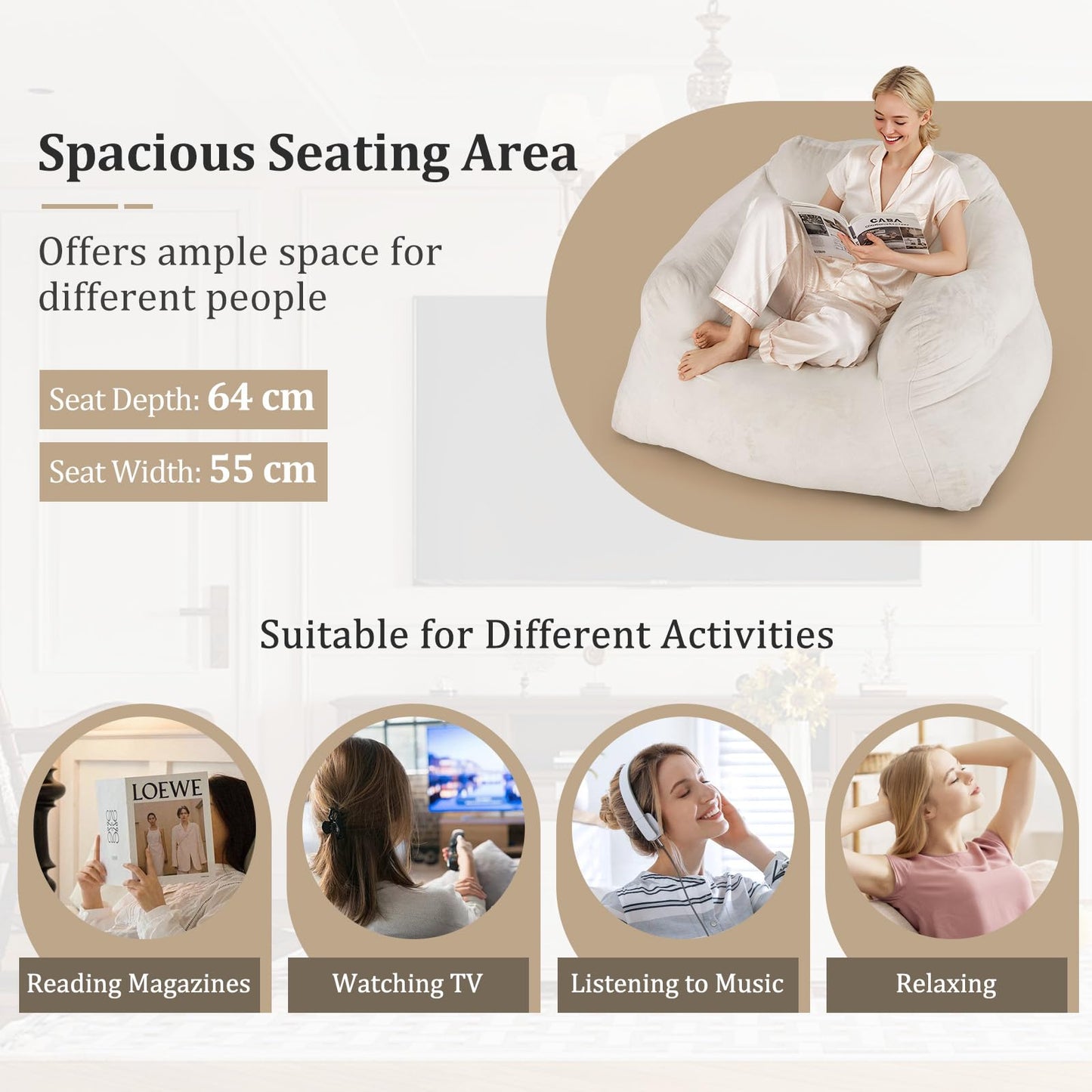 Bean Bag Chair with Velvet Cover and Non-slip Bottom for Bedroom