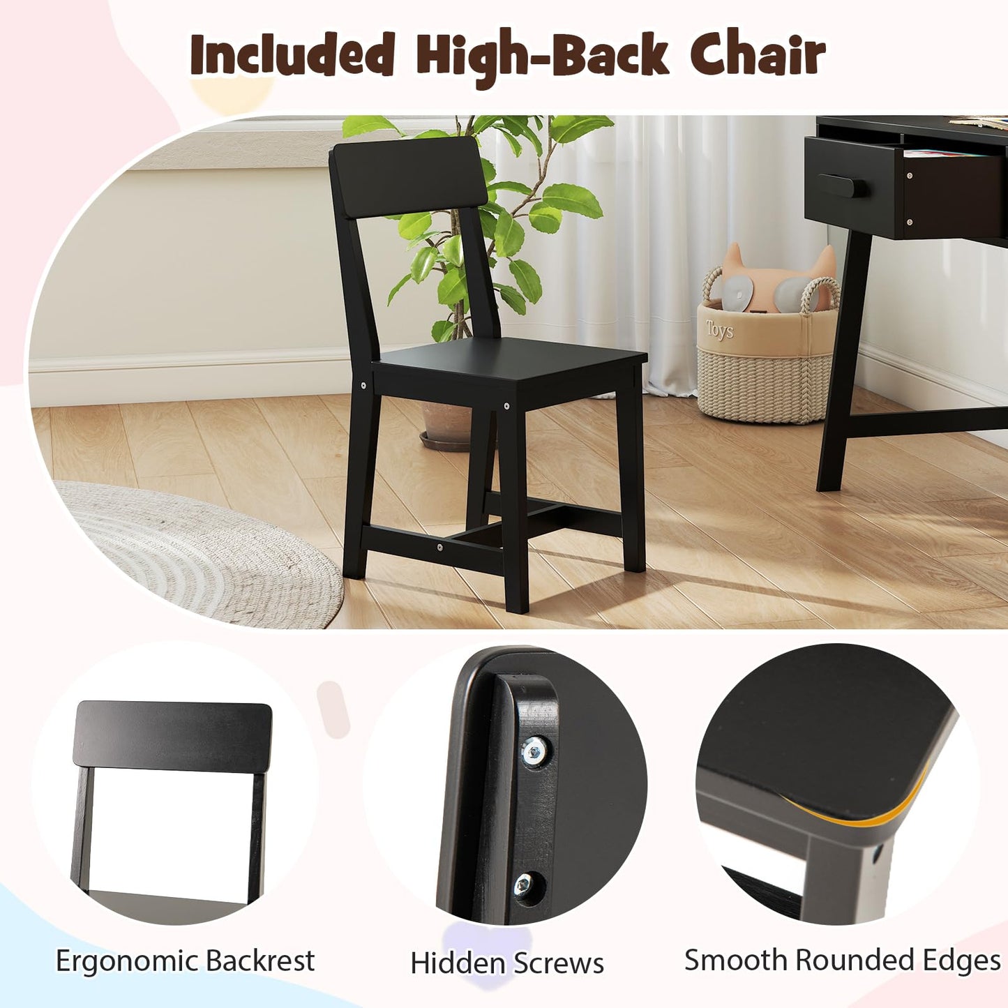 Kids Desk and Chair Set with Drawer and Pine Wood Legs