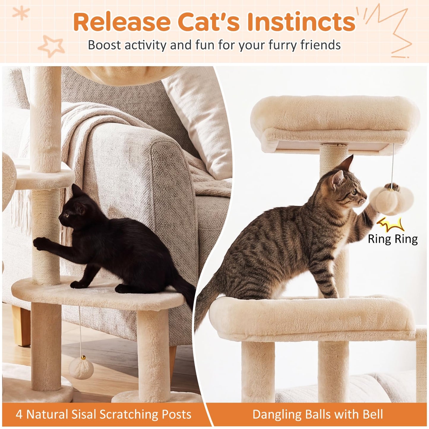 Cat Tree, 149cm Tall Cats Tower with Perches, Plush Condo, Cozy Basket