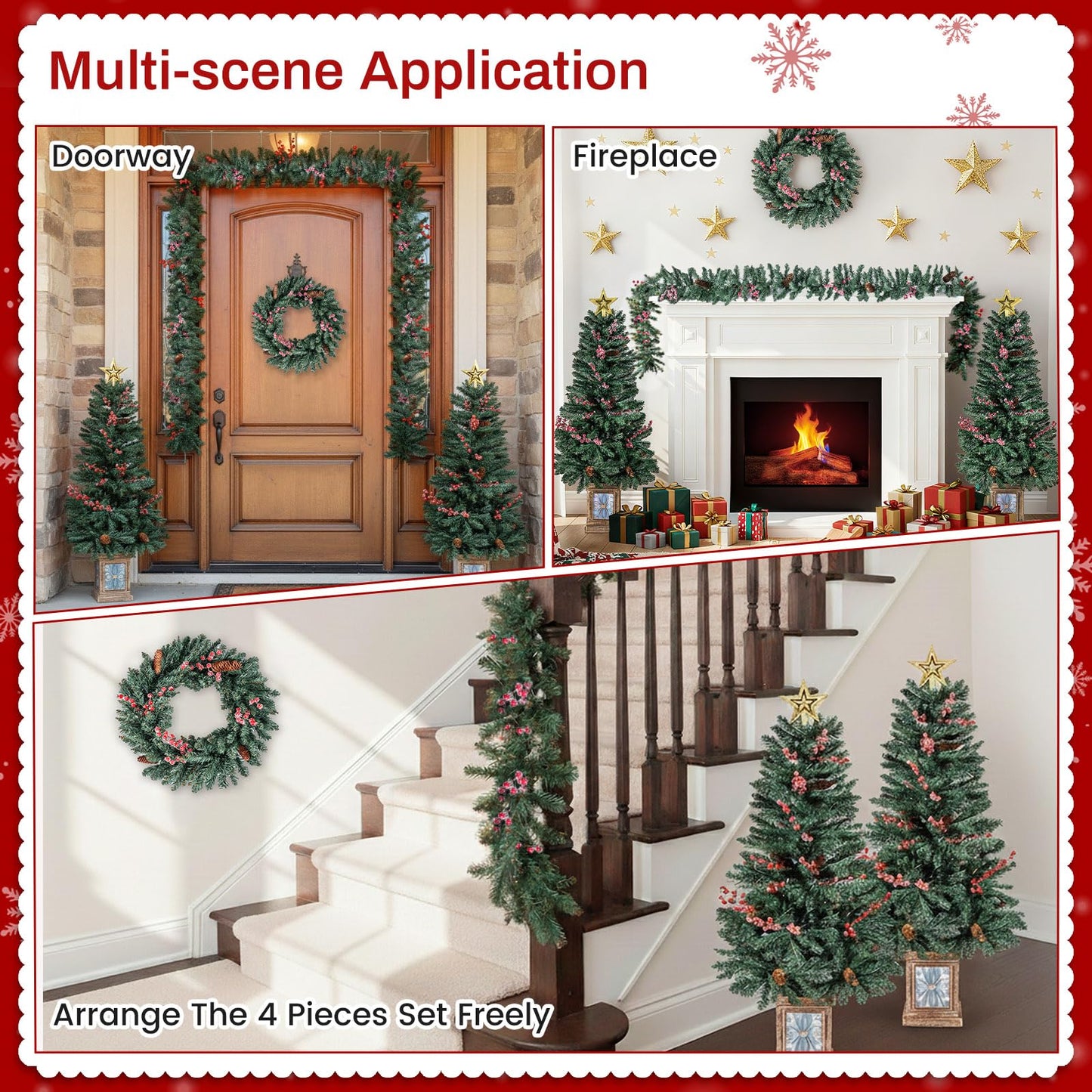 2 Pack Entrances Trees with Garland and Wreath Potted Christmas Tree Set of 4