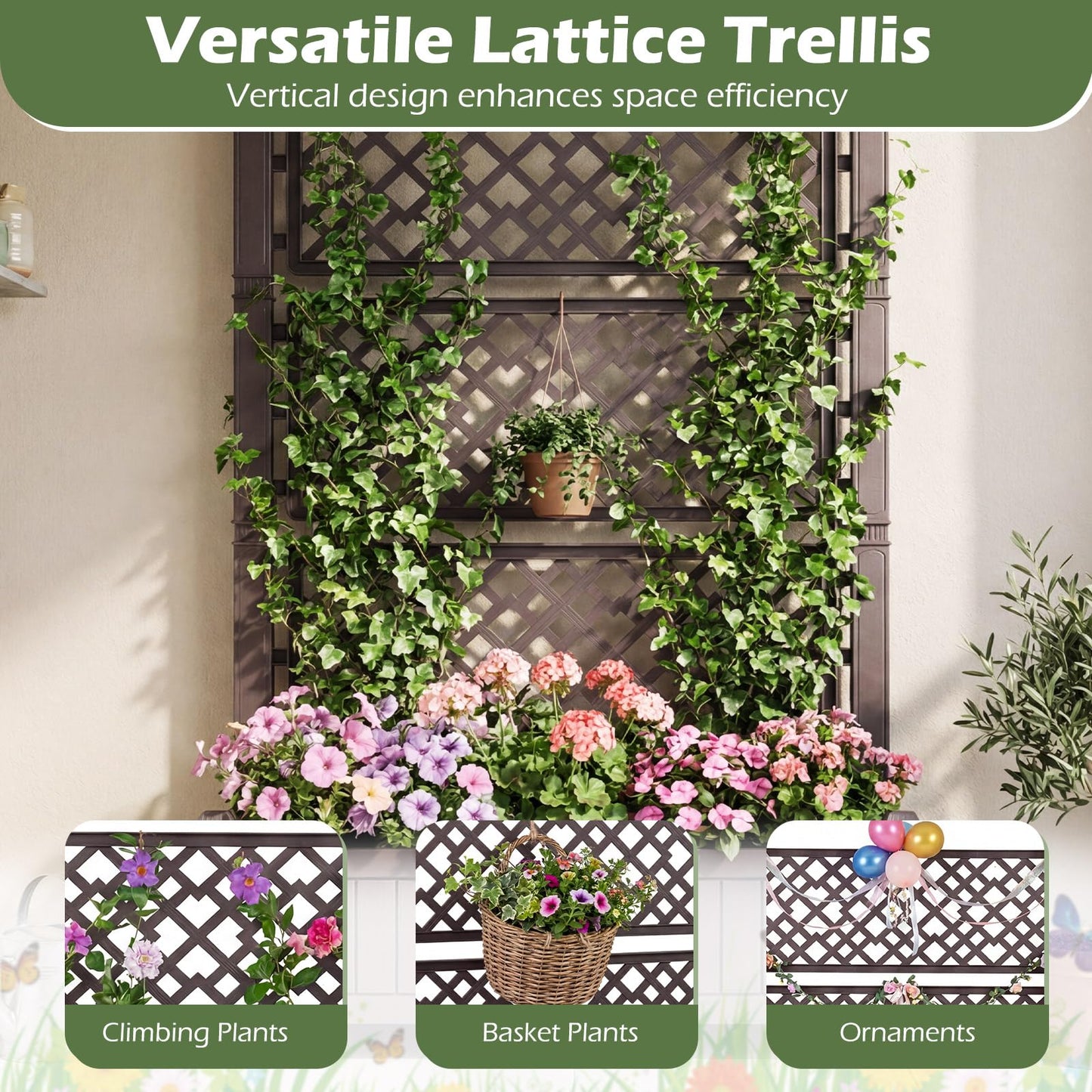 Raised Garden Bed with Trellis, Mobile Planter Box with Drainage Plug & Gauge