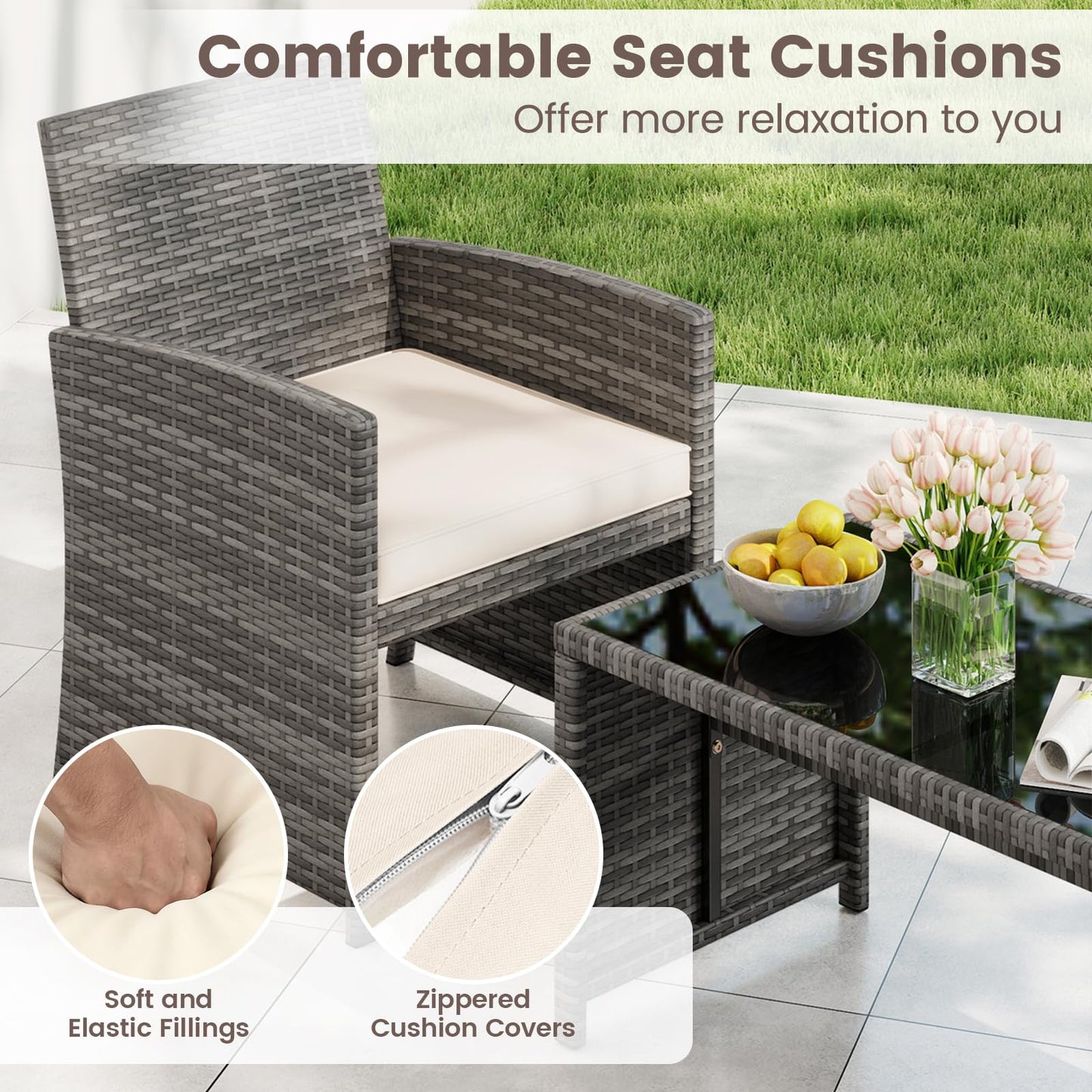 4 Piece Patio Conversation Set Rattan Chair Loveseat and Table Set with Seat Cushions