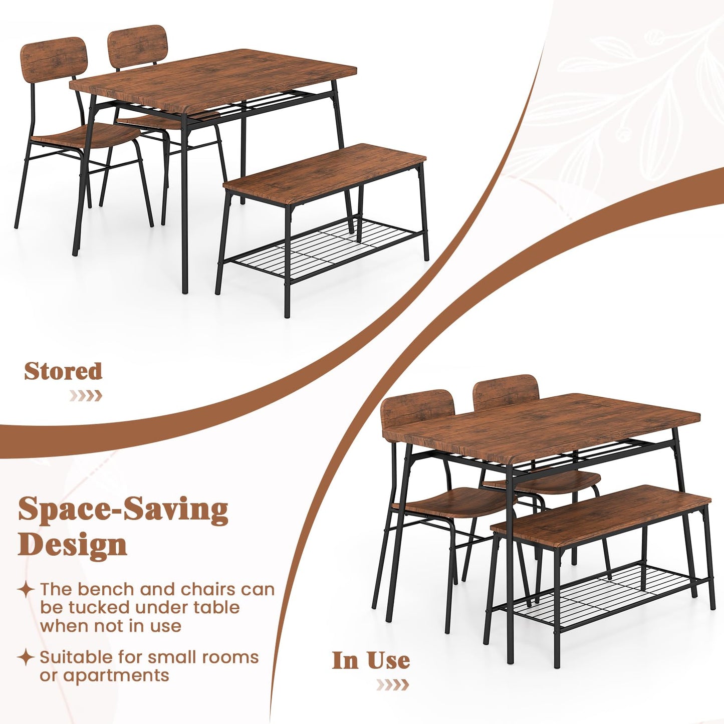 4 Piece Dining Table Set Metal with Bench and Storage Racks
