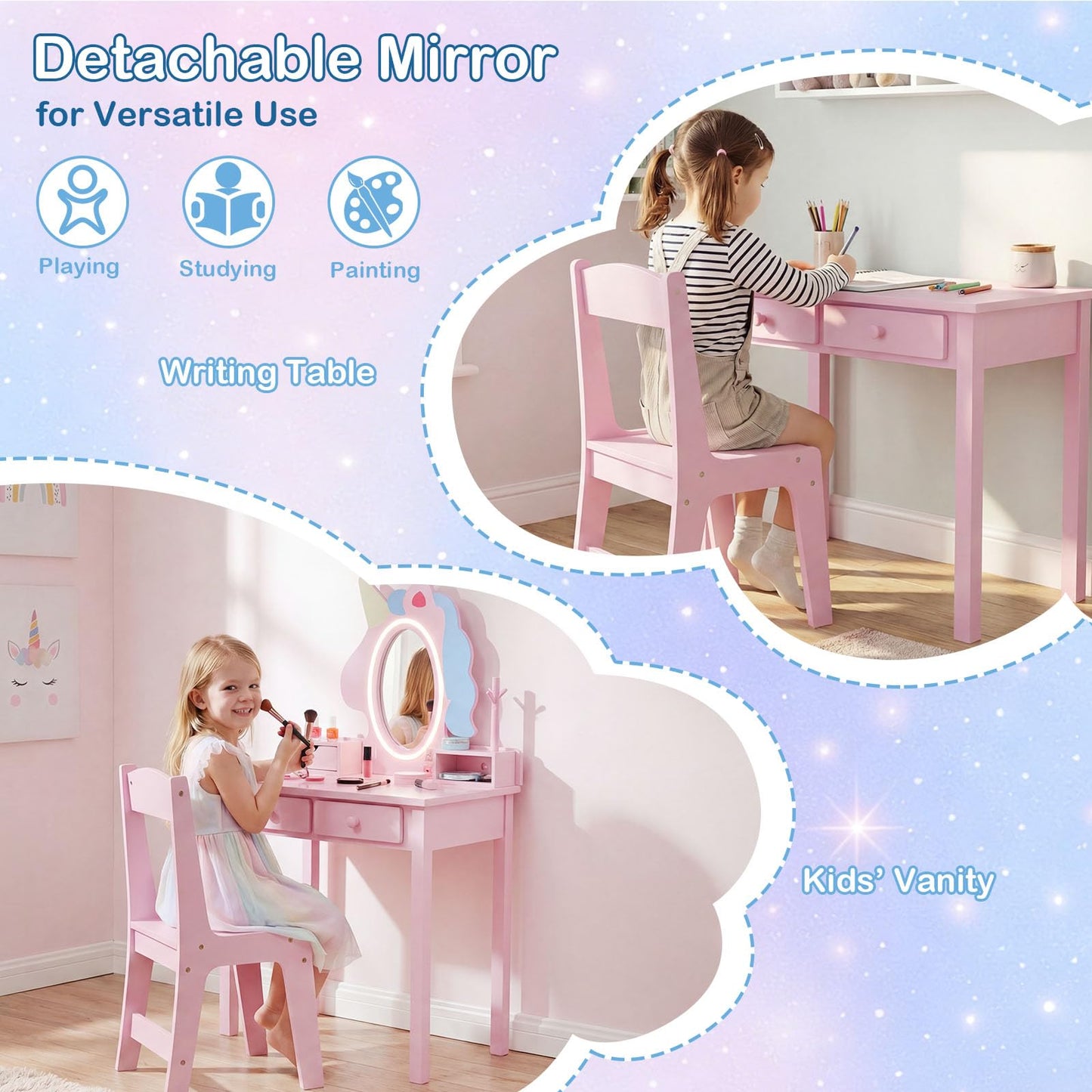 Kids Vanity Set with Lighted Unicorn Mirror & Stool and Jewelry Rack for Girls