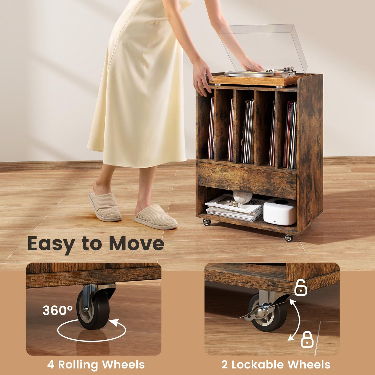 Record Player Stand On Wheels with 5 Compartments for Living Room Bedroom