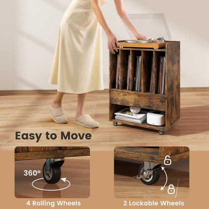 Record Player Stand On Wheels with 5 Compartments for Living Room Bedroom
