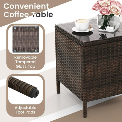 3 Pieces Patio Rattan Furniture Set with Soft Cushions and Glass Top Table