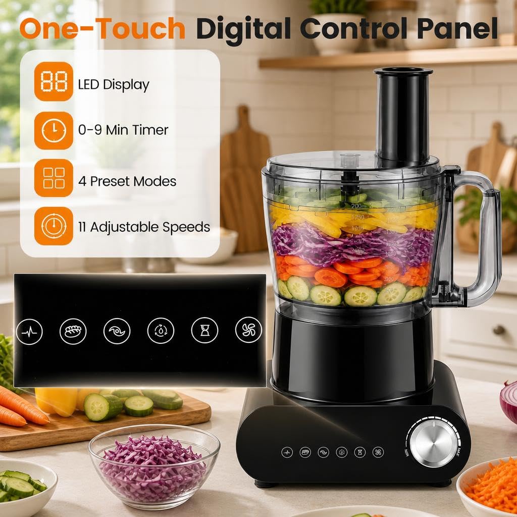 12 Cup Food Processor 600W with 3 Discs & 2 Blades for Slicing Shredding Dough