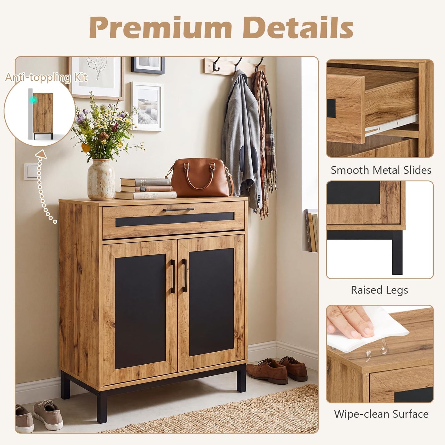 Storage Cabinet, Wooden Buffet Sideboard with Drawer, Doors, Removable Shelves and Metal Legs