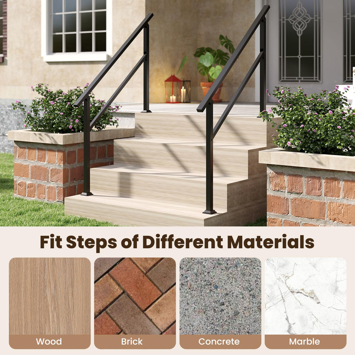 Handrail for Outdoor Steps Fits 4 Steps with Flexible Angle Adjustment