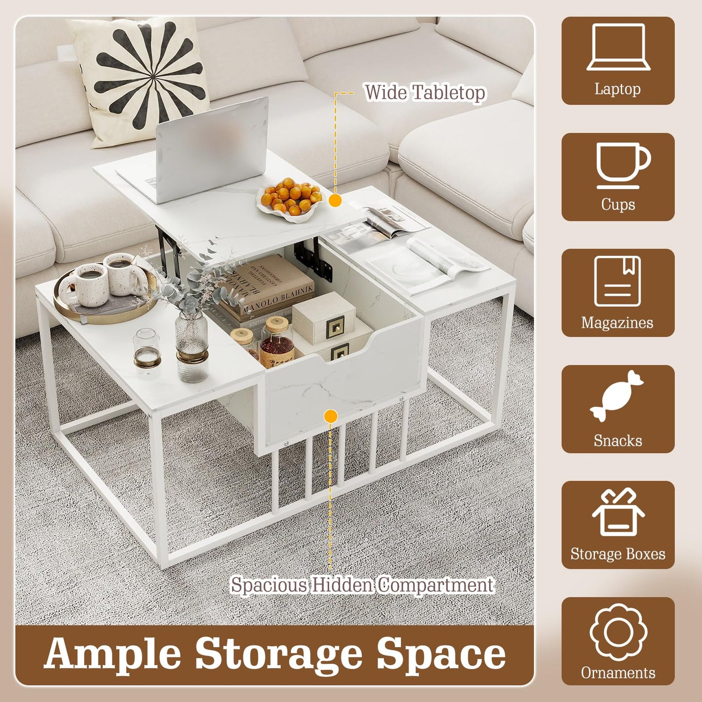 Lift Up Top Coffee Table, Marble Center Table with Hidden Storage