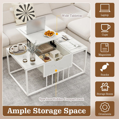 Lift Up Top Coffee Table, Marble Center Table with Hidden Storage
