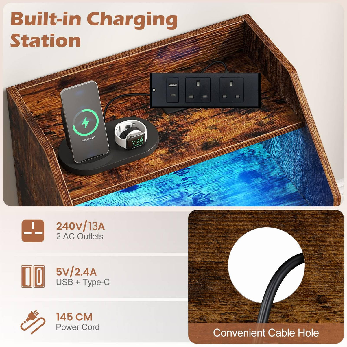 Bedside Table with Charging Station and LED Lights