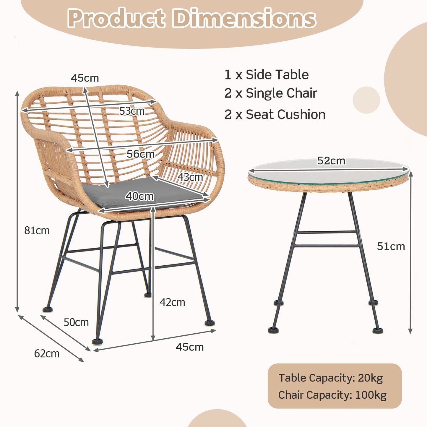 String Patio Bistro Set with Tempered Glass Table and 2 Chairs