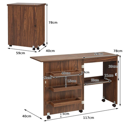 2-in-1 Rolling Folding Sewing Table with Storage Shelves and Lockable Casters