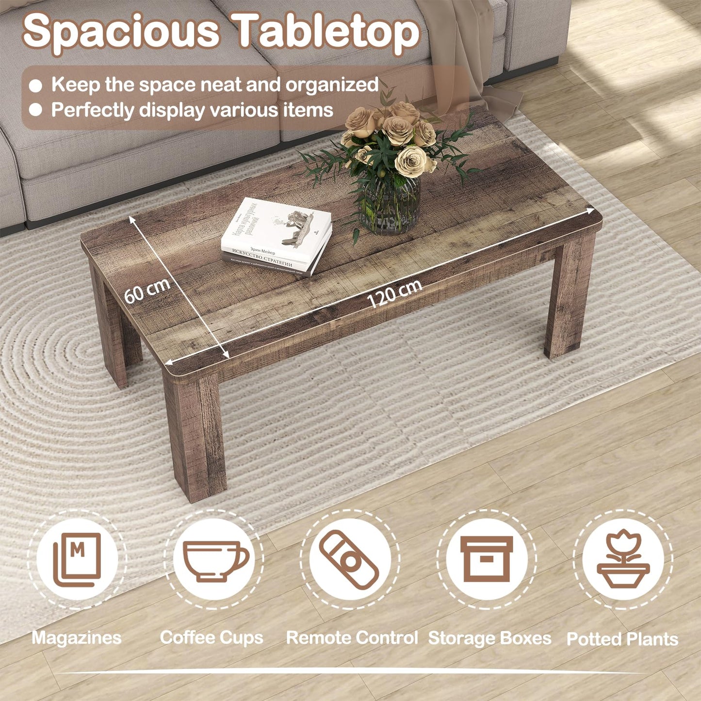 120 cm Farmhouse Coffee Table with Spacious Tabletop
