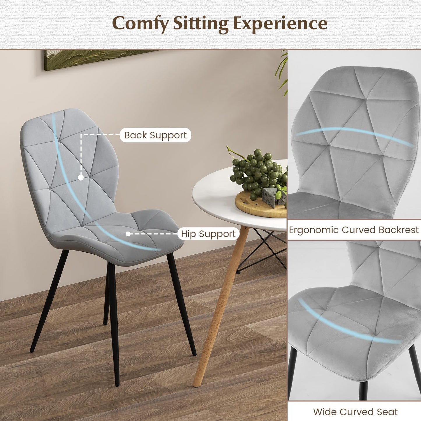 Upholstered Dining Chair Set of 4 with Ergonomic Backrest and Curved Seat