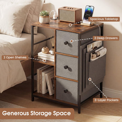 Side Table with Charging Station, Industrial Nightstand Bedside Cabinet