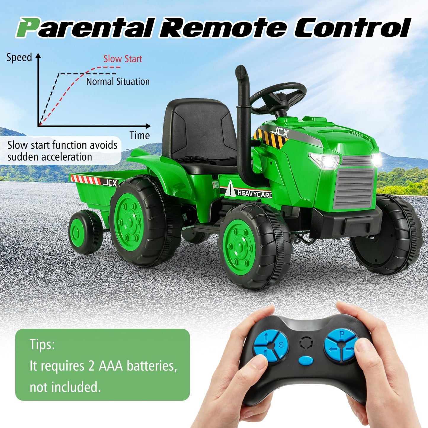 Electric Ride on Tractor, 12V Kids Toy Car with Detachable Trailer