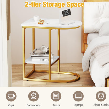 2 Tier C shaped End Table Modern Sofa Side Table with Metal Frame