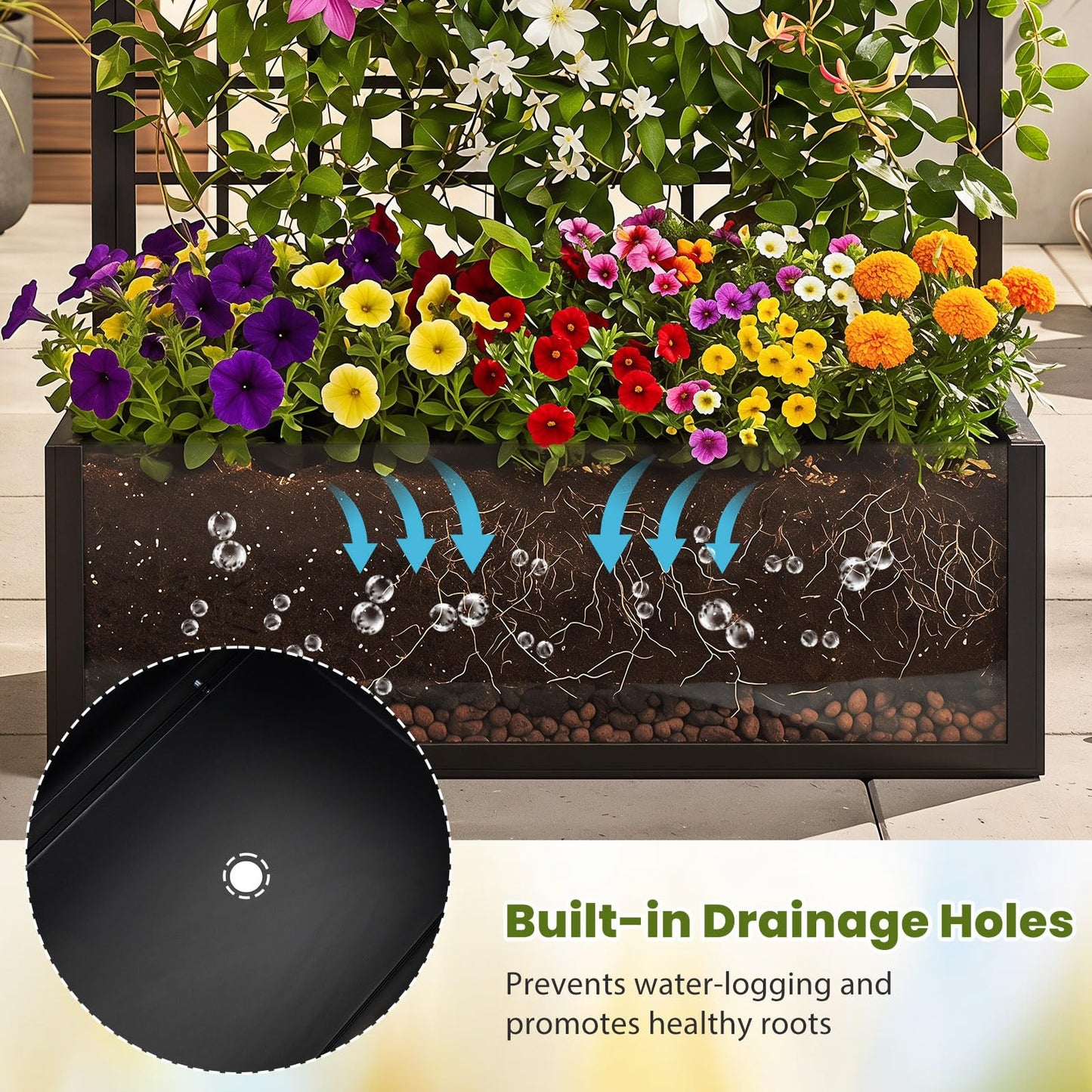 Garden Planter with Trellis, Metal Trough Grow Box with Drainage Holes
