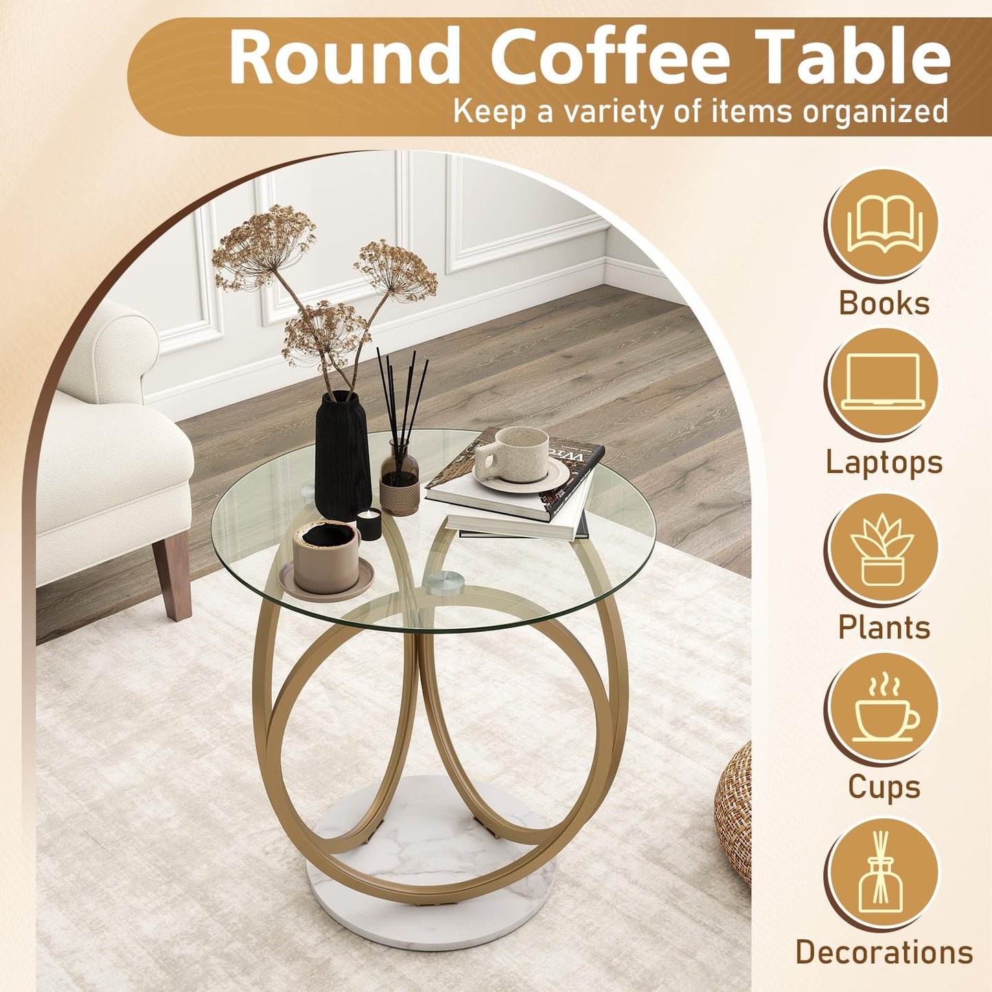 Round Glass Coffee Table with Geometric Metal Ring Frame for Living Room
