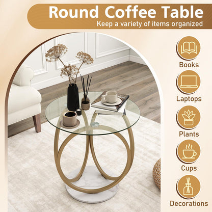 Round Glass Coffee Table with Geometric Metal Ring Frame for Living Room