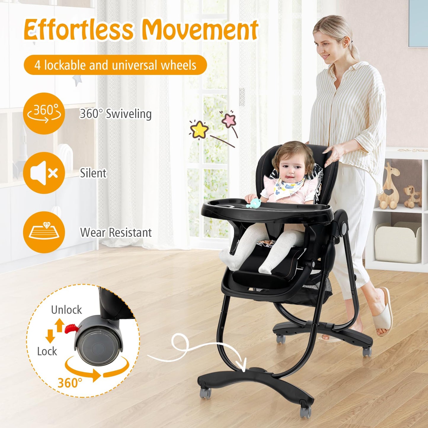 Adjustable & Folding Baby Highchair with Lockable Wheels
