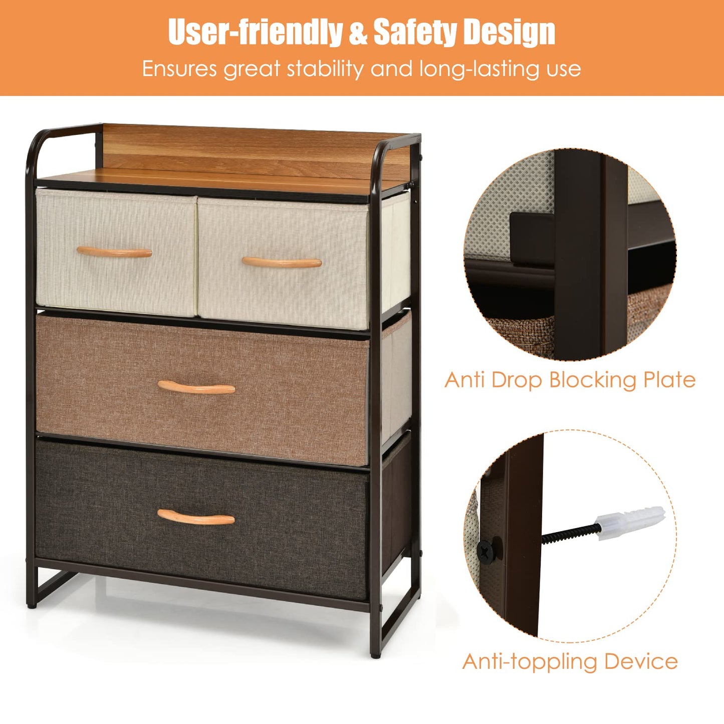 Vertical Dresser Storage Tower with Wooden Top and 4 Drawers