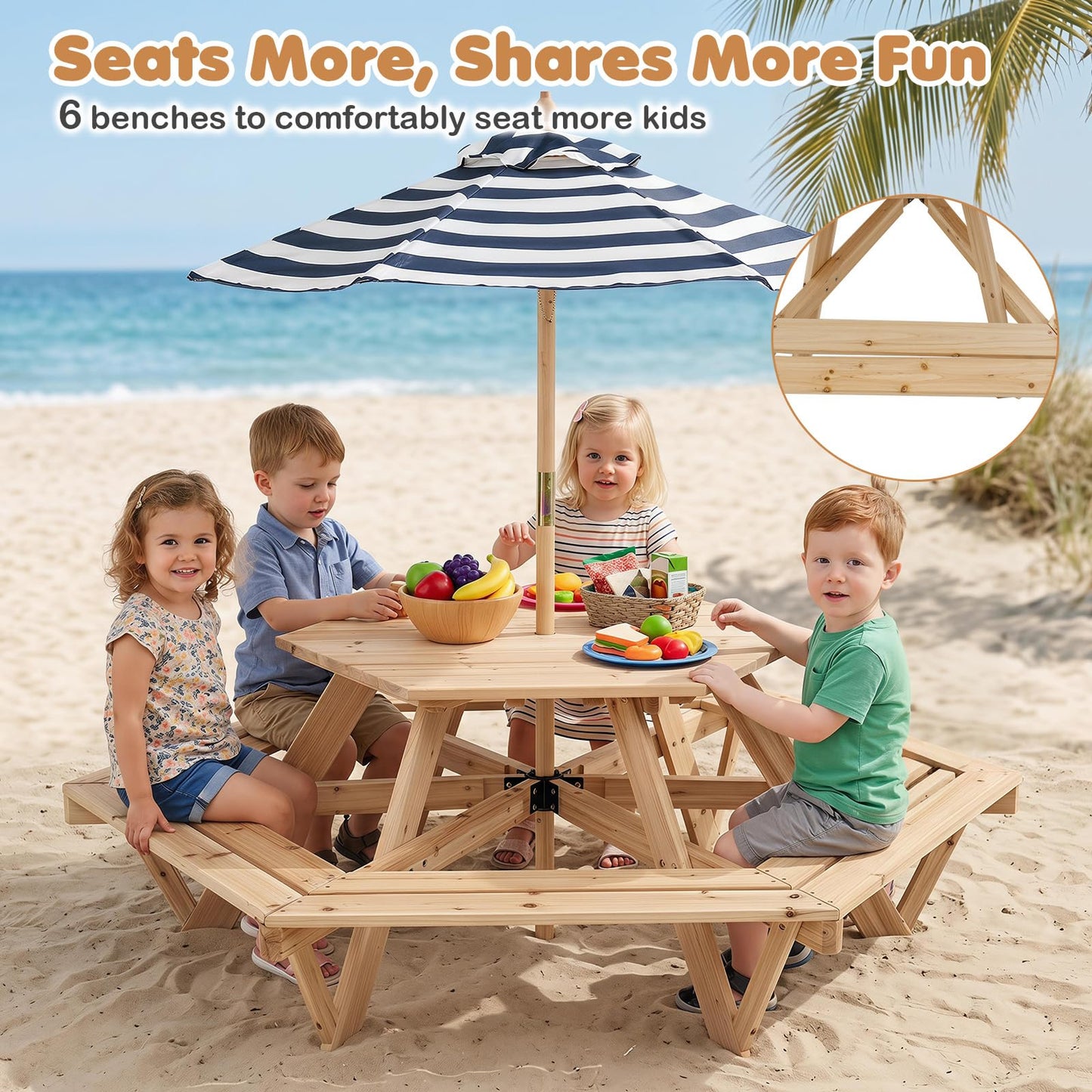 6 Seat Kids Picnic Bench Set with Removable Adjustable Umbrella